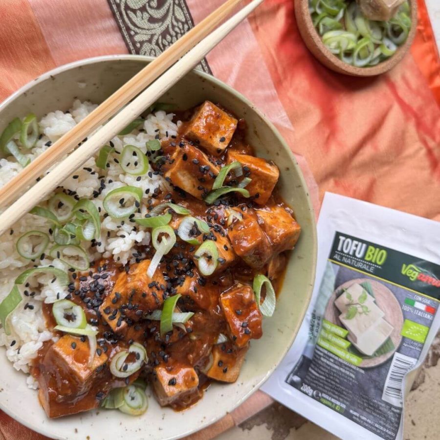 Mapo Tofu vegano in una ciotola con riso e cipollotto tritato, un piatto unico cinese con tofu, salsa di soia e spezie, ideale per una cena veloce e saporita.