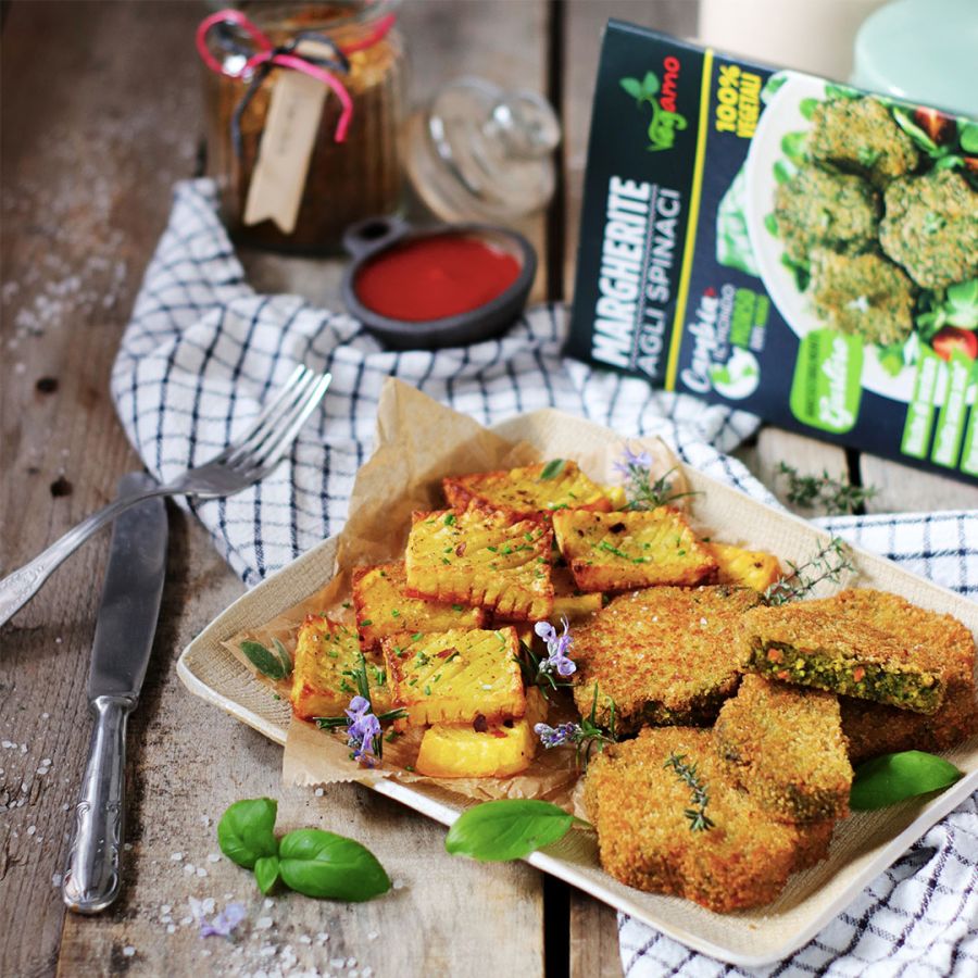 Margherite agli spinaci con patate fisarmonica speziate