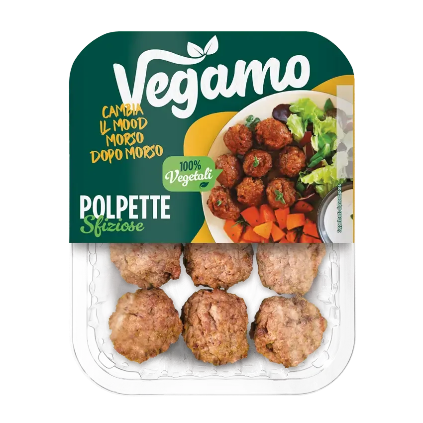 Polpette vegane Vegamo in confezione con vaschetta trasparente
