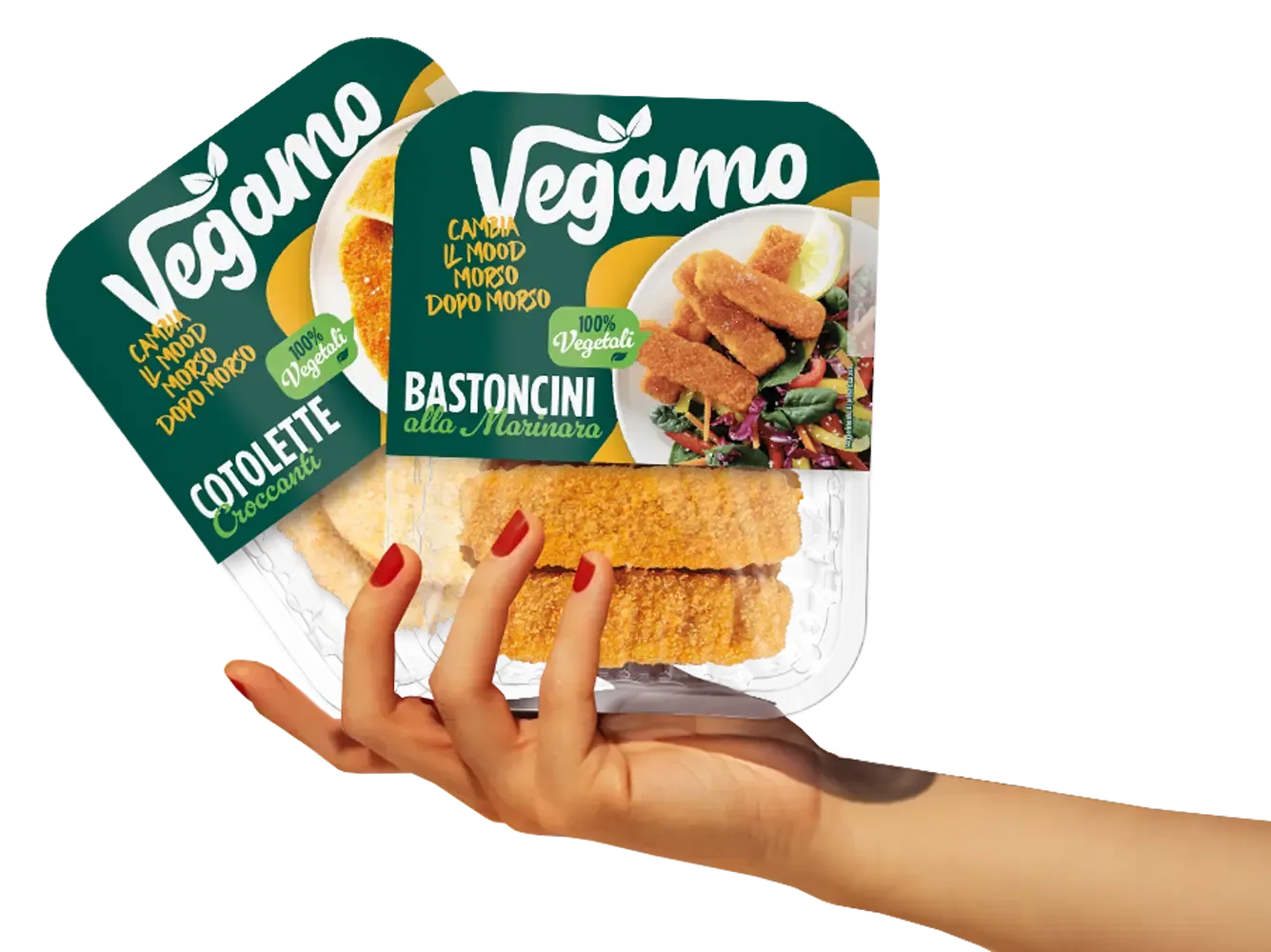 Mano che tiene due prodotti vegamo in mano