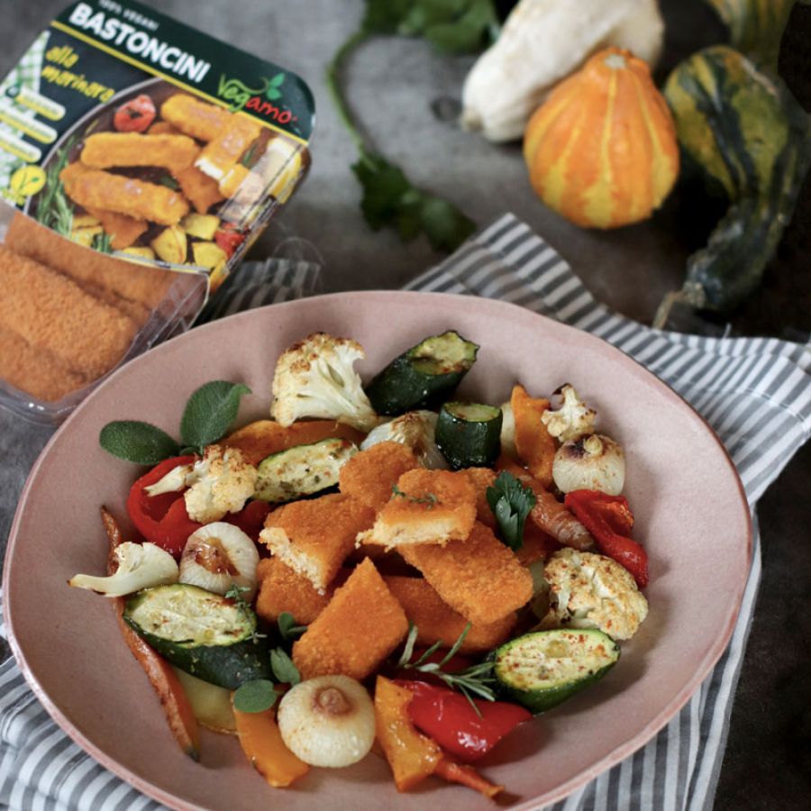 Bastoncini alla marinara con roast di verdure autunnali