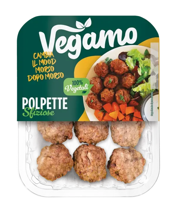 Polpette vegane Vegamo in confezione con vaschetta trasparente