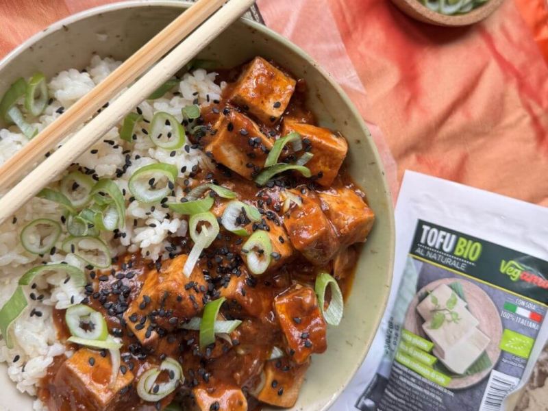 Mapo Tofu vegano in una ciotola con riso e cipollotto tritato, un piatto unico cinese con tofu, salsa di soia e spezie, ideale per una cena veloce e saporita.